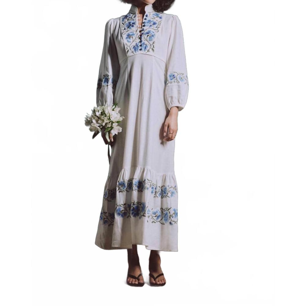 NEW ROSEWATER HOUSE saba maxi dress in off white / blue